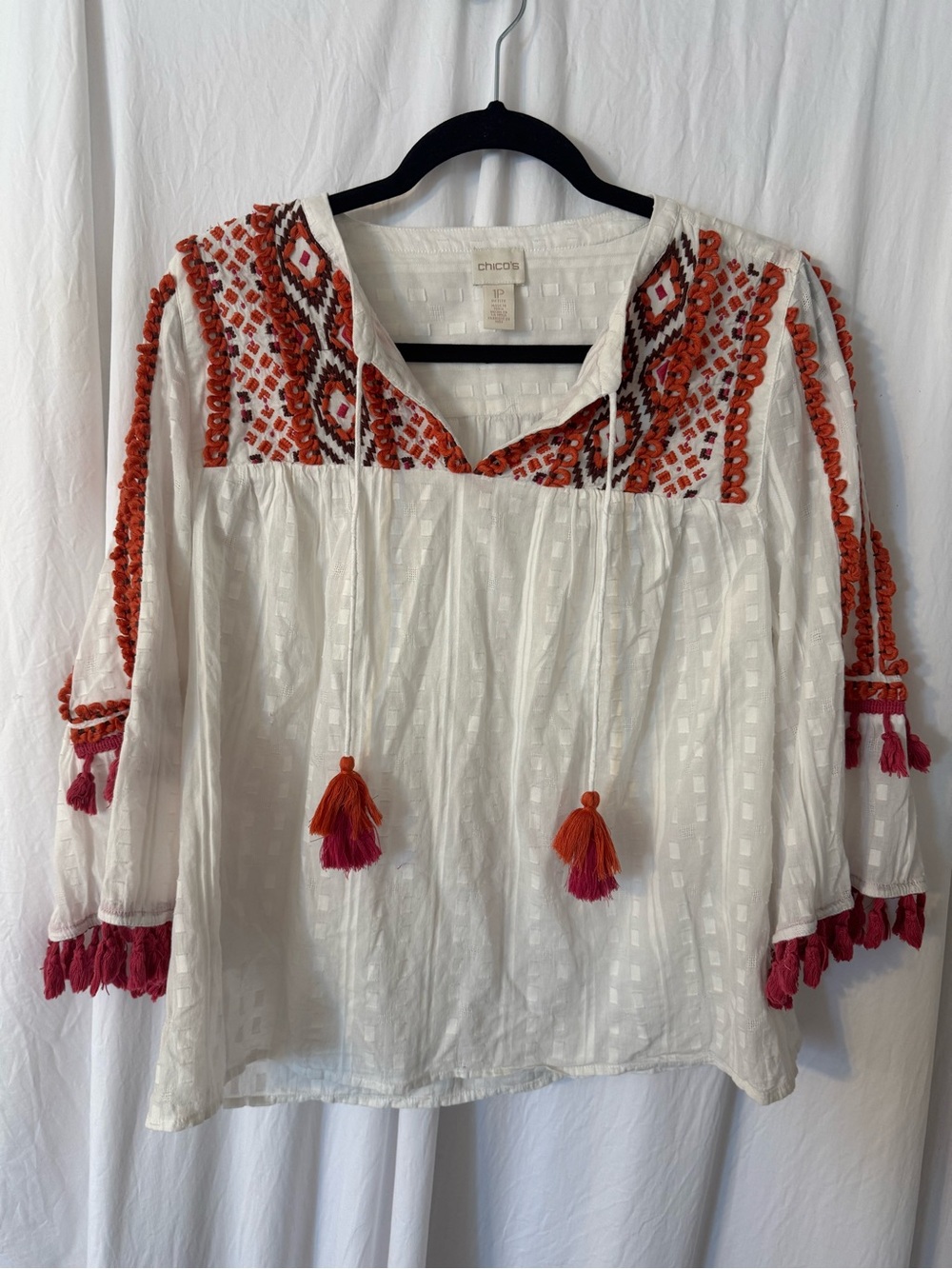 Chico's White Boho Tunic with Orange & Pink Tassel Embroidery